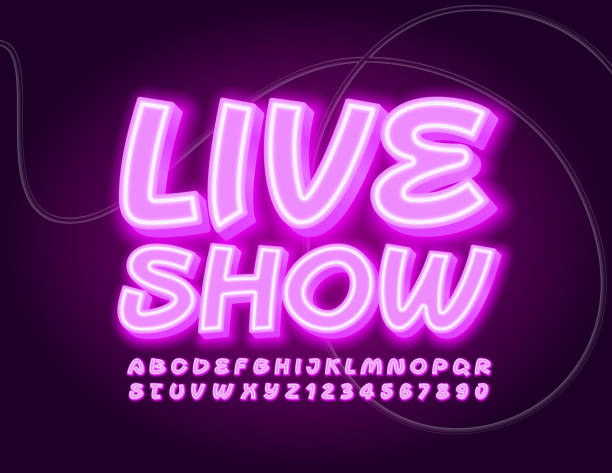 vector neon poster live show dengan font bersinar. set alfabet yang diterangi - kasino live ilustrasi stok