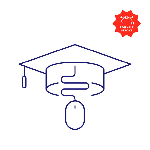 ilustraciones, imágenes clip art, dibujos animados e iconos de stock de icono de línea de educación en línea con trazo editable y píxel perfecto. - graduation university degree learning