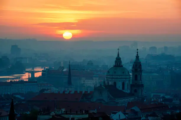 Photo of Sunrise behind the tower of St. Nicolas church, Prague, Czech republic