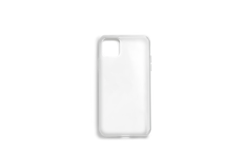 Blank transparent phone case mock up, top view, 3d rendering. Empty silicon jacket for new 11 mobile mockup isolated. Clear translucent shield for slim smartphone protect mokcup template.