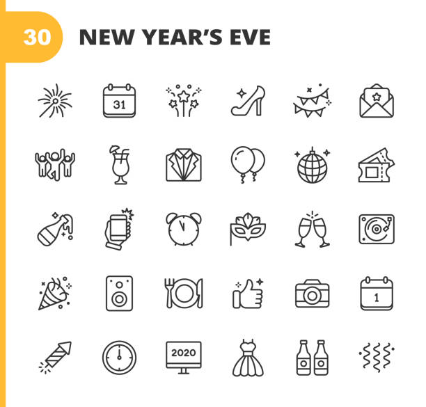 New Year's Eve Icons. Editable Stroke. Pixel Perfect. For Mobile and Web. Contains such icons as New Year's Eve, Party, Fireworks, Music, Dancing, Drinking, Champagne, Countdown, Celebration, High Heel Shoes, Restaurant, Suit. 30 New Year's Eve Outline Icons. new year 2019 stock illustrations