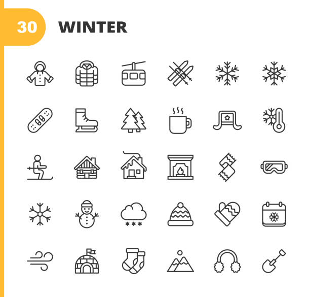winter-ikonen. bearbeitbarer strich. pixel perfekt. für mobile und web. enthält wie winter, saison, schnee, skifahren, weihnachten, weihnachtsbaum, schneemann, heißgetränk, skates, jacke, handschuh, skifahren, kamin, iglu. - winterdienst stock-grafiken, -clipart, -cartoons und -symbole