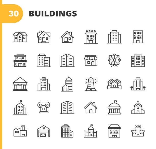 선 아이콘 작성. 편집 가능한 스트로크입니다. 픽셀 완벽한. 모바일 및 웹용. 건물, 건축, 건설, 부동산, 집, 집, 학교, 호텔, 교회, 성 등의 아이콘이 포함되어 있습니다. - corporate stock illustrations