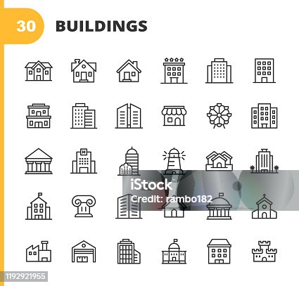 istock Building Line Icons. Editable Stroke. Pixel Perfect. For Mobile and Web. Contains such icons as Building, Architecture, Construction, Real Estate, House, Home, School, Hotel, Church, Castle. 1192921955