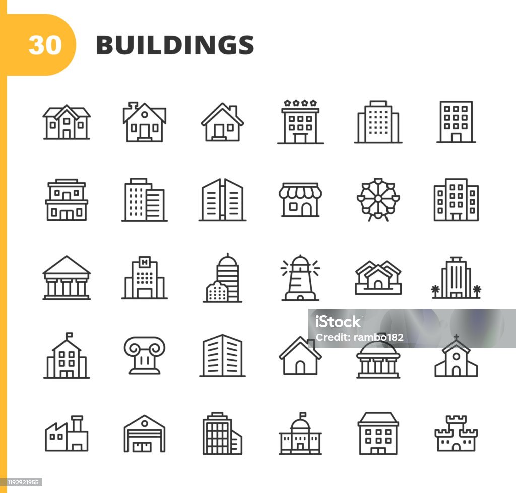 Building Line Icons. Editable Stroke. Pixel Perfect. For Mobile and Web. Contains such icons as Building, Architecture, Construction, Real Estate, House, Home, School, Hotel, Church, Castle. 30 Building Outline Icons. Icon stock vector