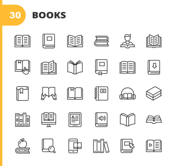 Book Line Icons. Editable Stroke. Pixel Perfect. For Mobile and Web. Contains such icons as Book, Open Book, Notebook, Reading, Writing, E-Learning, Audiobook. 30 Book Outline Icons. library stock illustrations