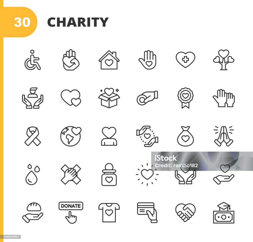 Charity and Donation Line Icons. Editable Stroke. Pixel Perfect. For Mobile and Web. Contains such icons as Charity, Donation, Giving, Food Donation, Teamwork, Relief. 30 Charity and Donation Outline Icons. Icon Symbol stock vector