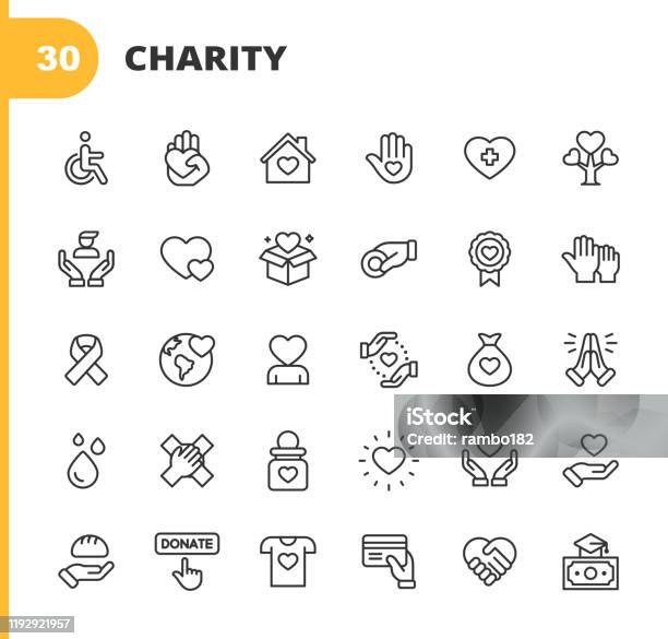 Charity And Donation Line Icons Editable Stroke Pixel Perfect For Mobile And Web Contains Such Icons As Charity Donation Giving Food Donation Teamwork Relief Stock Illustration - Download Image Now
