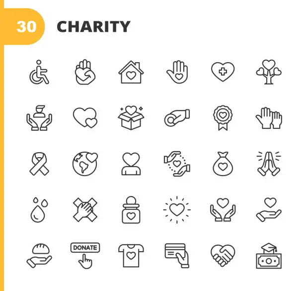 Vector illustration of Charity and Donation Line Icons. Editable Stroke. Pixel Perfect. For Mobile and Web. Contains such icons as Charity, Donation, Giving, Food Donation, Teamwork, Relief.