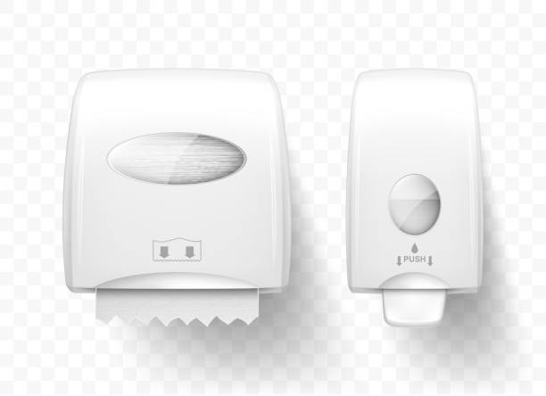 Dispensers liquid soap and paper towels, realistic Dispenser for liquid soap and paper towels, realistic vector. White equipment for public toilets, hygiene care and clean hands, soap pump and wall-mounted roll towel holder isolated on transparent hand water pump stock illustrations
