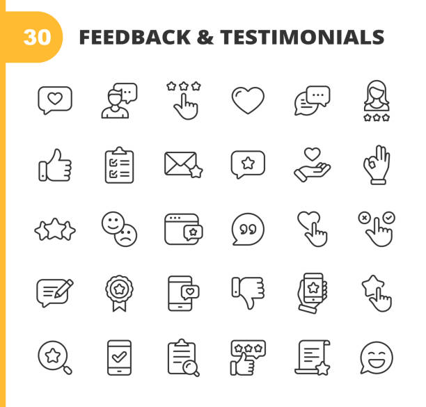 ilustrações de stock, clip art, desenhos animados e ícones de feedback and testimonials line icons. editable stroke. pixel perfect. for mobile and web. contains such icons as feedback, testimonials, survey, review, clipboard, happy face, like button, thumbs up, badge. - business form smart phone customer