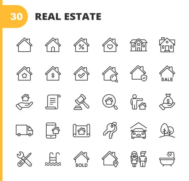 Vector illustration of Real Estate Line Icons. Editable Stroke. Pixel Perfect. For Mobile and Web. Contains such icons as Building, Family, Keys, Mortgage, Construction, Household, Moving, Renovation, Blueprint, Garage.