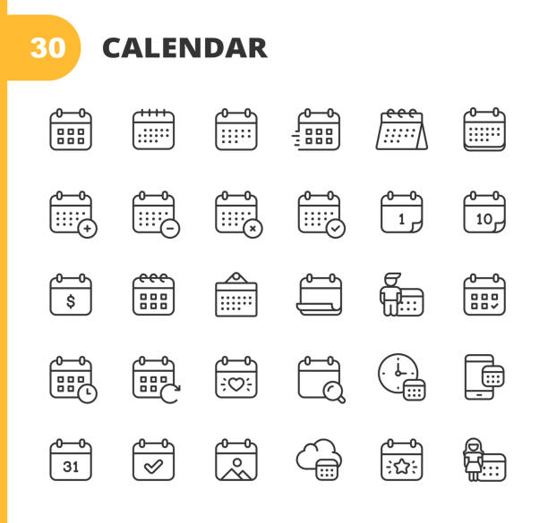 stockillustraties, clipart, cartoons en iconen met pictogrammen van de agenda lijn. bewerkbare lijn. pixel perfect. voor mobiel en internet. bevat pictogrammen zoals kalender, afspraak, feestdag, klok, tijd, deadline. - kalenders