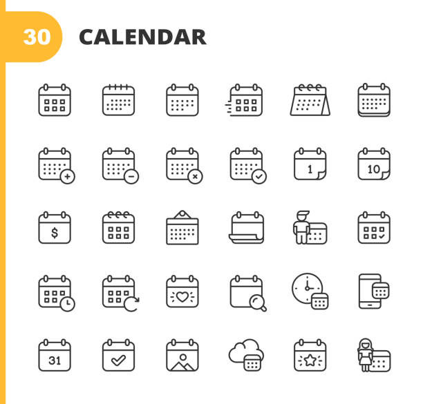 Calendar Line Icons. Editable Stroke. Pixel Perfect. For Mobile and Web. Contains such icons as Calendar, Appointment, Holiday, Clock, Time, Deadline. 30 Calendar Outline Icons. calendar icon stock illustrations