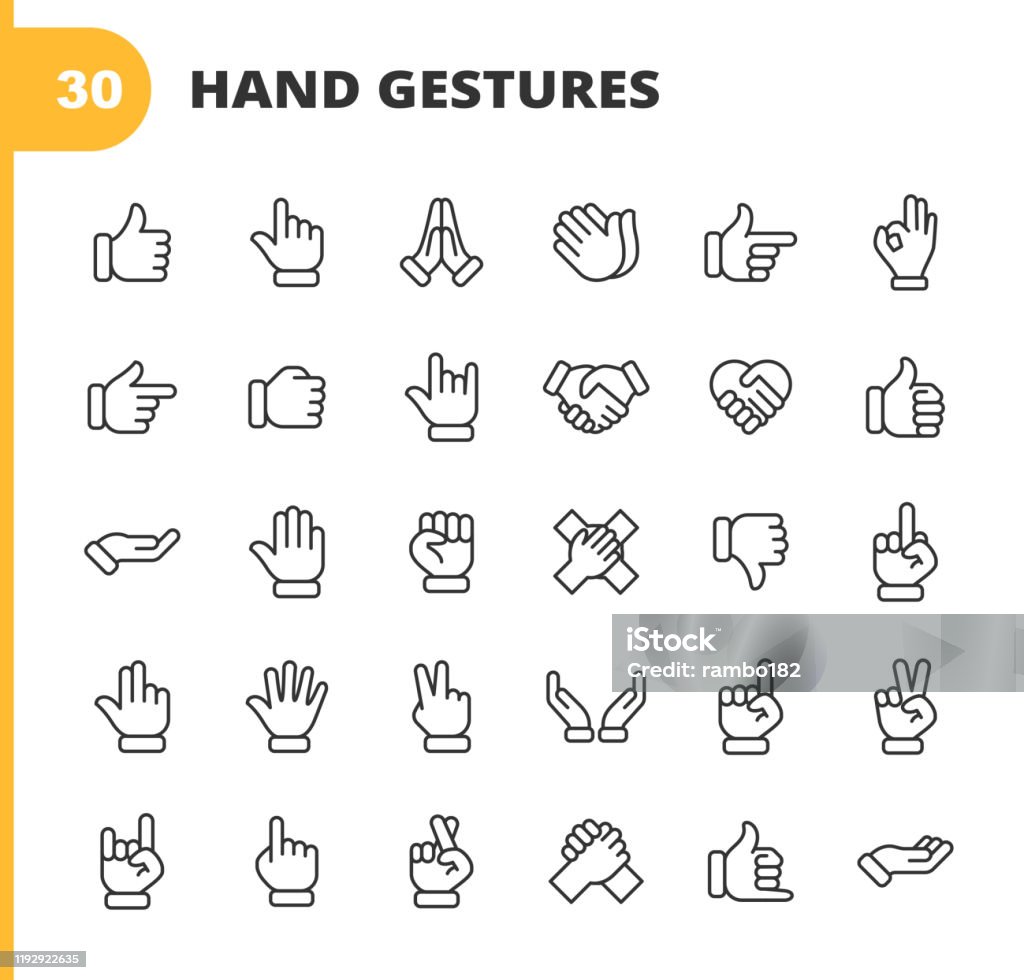 Hand Gestures Line Icons. Editable Stroke. Pixel Perfect. For Mobile and Web. Contains such icons as Gesture, Hand, Charity and Relief Work, Finger, Greeting, Handshake, A Helping Hand, Clapping, Teamwork. 30 Hand Gestures Outline Icons. Icon Symbol stock vector