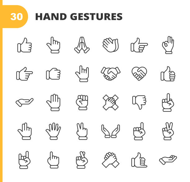 Hand Gestures Line Icons. Editable Stroke. Pixel Perfect. For Mobile and Web. Contains such icons as Gesture, Hand, Charity and Relief Work, Finger, Greeting, Handshake, A Helping Hand, Clapping, Teamwork. 30 Hand Gestures Outline Icons. hand gestures stock illustrations