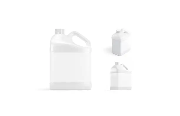 Blank white plastic canister mock up, isolated, different view, 3d rendering. Empty gallon with industrial fuel for engine mockup, isolated. Clear jug for chemical liquid mokcup template.