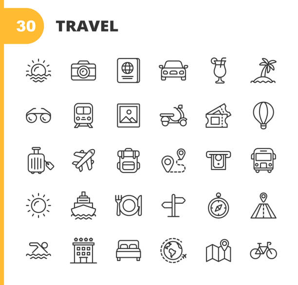 иконки линии путешествия. редактируемый ход. пиксель совершенный. для мобильных устройств и интернета. содержит такие значки, как камера, к� - путешествовать stock illustrations