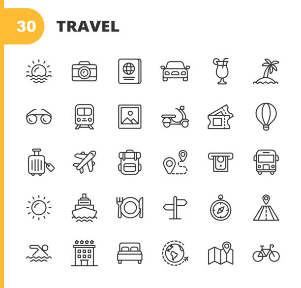 Travel Line Icons. Editable Stroke. Pixel Perfect. For Mobile and Web. Contains such icons as Camera, Cocktail, Passport, Sunset, Plane, Hotel, Cruise Ship, ATM, Palm Tree, Backpack, Restaurant. 30 Travel Outline Icons. tourism illustrations stock illustrations