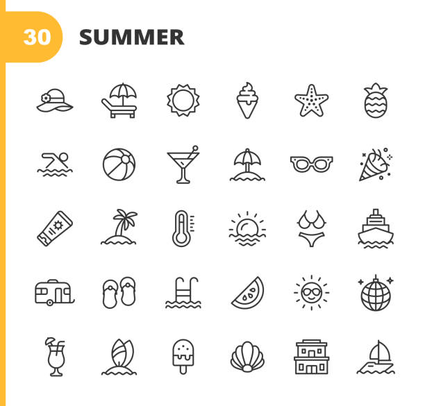 ilustraciones, imágenes clip art, dibujos animados e iconos de stock de iconos de línea de verano. trazo editable. píxel perfecto. para móviles y web. contiene iconos como verano, playa, fiesta, semillero, sol, natación, viajes, sandaplaya, cóctel, pelota de playa, crucero, palmera. - rest area