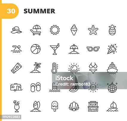 istock Summer Line Icons. Editable Stroke. Pixel Perfect. For Mobile and Web. Contains such icons as Summer, Beach, Party, Sunbed, Sun, Swimming, Travel, Watermelon, Cocktail, Beach Ball, Cruise, Palm Tree. 1192922883