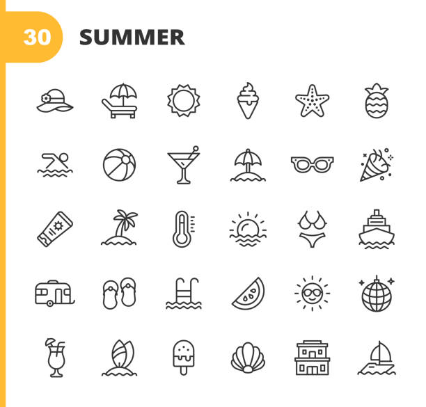 Summer Line Icons. Editable Stroke. Pixel Perfect. For Mobile and Web. Contains such icons as Summer, Beach, Party, Sunbed, Sun, Swimming, Travel, Watermelon, Cocktail, Beach Ball, Cruise, Palm Tree. 30 Summer Outline Icons. leisure activity stock illustrations