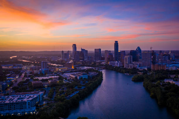 istock Downtown Austin Skyline Photo with violet crown sunset 1192922956