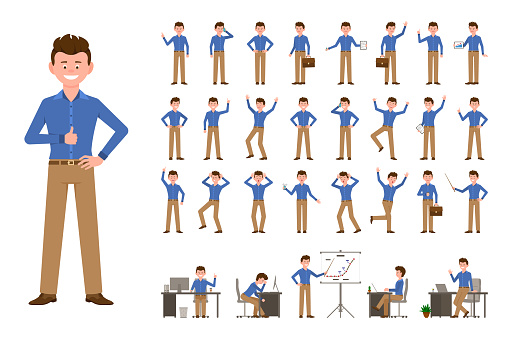 Cartoon Character Office Business Man Vector Illustration Flat Style Design  Happy Worker Male Person Poses Set On White Background Stock Illustration -  Download Image Now - iStock