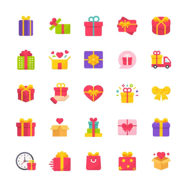 Vector illustration of Gift Flat Icons. Material Design Icons. Pixel Perfect. For Mobile and Web. Contains such icons as Gift, Present, Birthday, Love, Friendship, Celebration, Ribbon, Gift Box, Party.