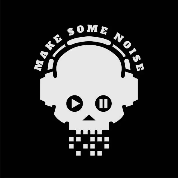 Vector illustration of Skull in headphones, make some noise. Sign,  Vector illustration