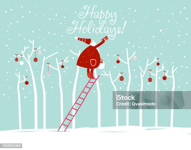 Grappige Kerstman Schrijven Happy Holidays Met Schilderij Borstel Op De Hemel Stockvectorkunst en meer beelden van Kerstkaart