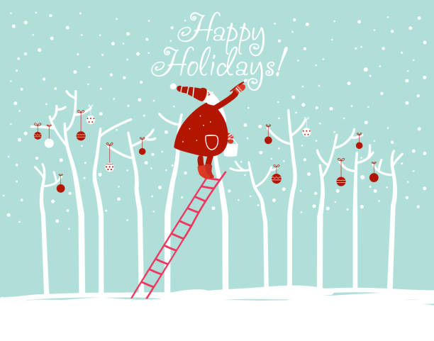 забавный дед мороз пишет "счастливые праздники" с живописью кисти на небе - pencil pine stock illustrations