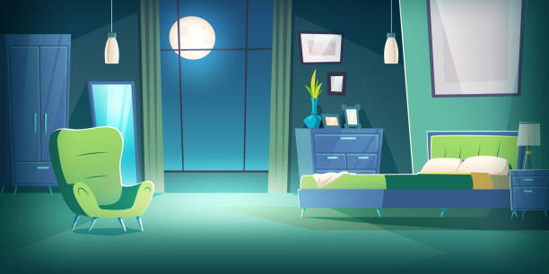 schlafzimmer-interieur in der nacht mit mondschein-cartoon - teppichboden couch stock-grafiken, -clipart, -cartoons und -symbole