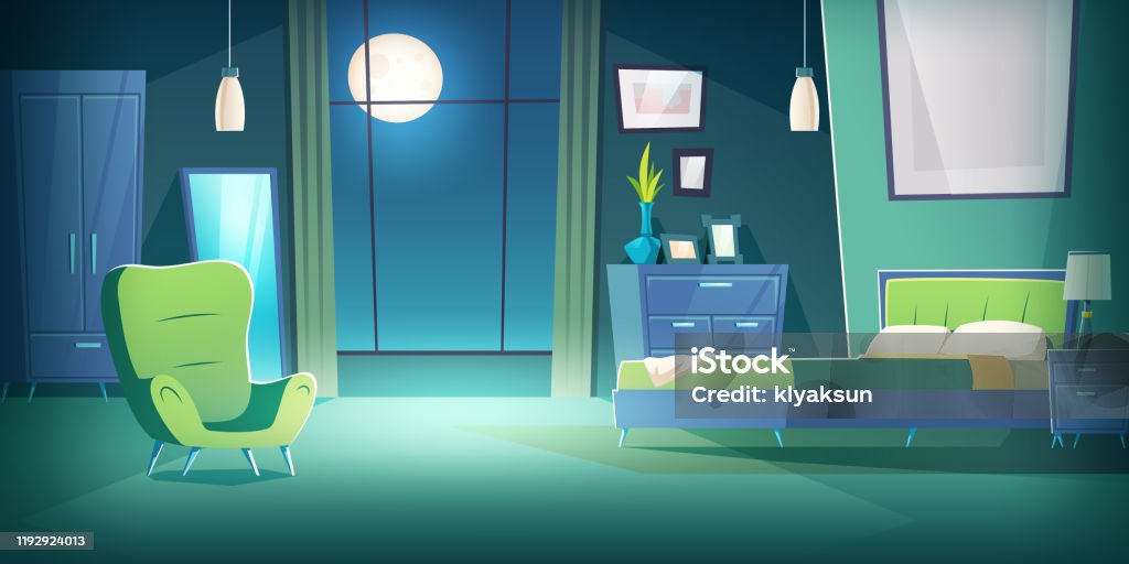 Ilustración de Interior Del Dormitorio Por La Noche Con Dibujos Animados A  La Luz De La Luna y más Vectores Libres de Derechos de Viñeta - iStock