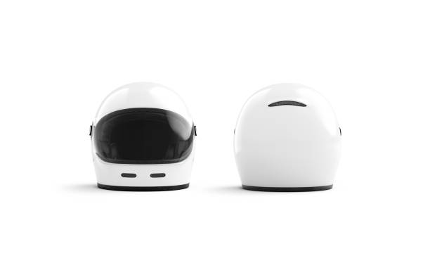 Blank white moto helmet with glass mockup, front and back Blank white moto helmet with glass mockup, front and back view, 3d rendering. Empty motocross armor mock up isolated. Clear crash casque for karting or speedy scooter mokcup template. duck with hat stock pictures, royalty-free photos & images