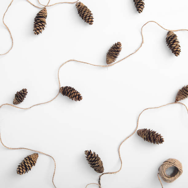 istock Zero waste christmas garland made from pine cone and natural jute twine. Square composition, flat lay, top view. Christmas eco friendly decoration background. 1192927335