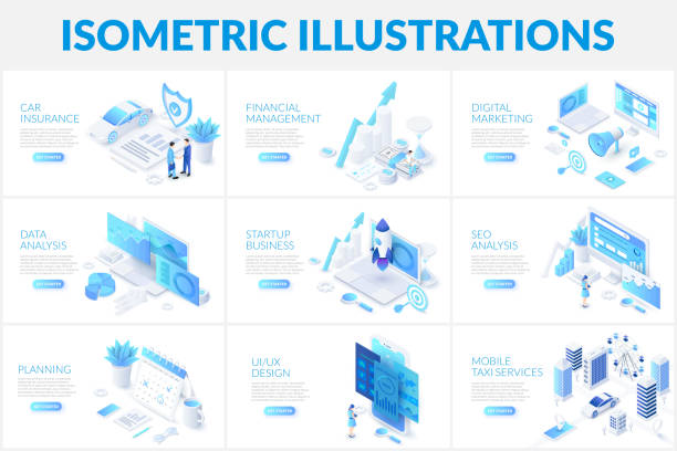 ilustraciones, imágenes clip art, dibujos animados e iconos de stock de conjunto de ilustraciones 3d isométricas. seguros de coches, planificación, análisis de datos y negocio de startups con personajes. - proyección isométrica