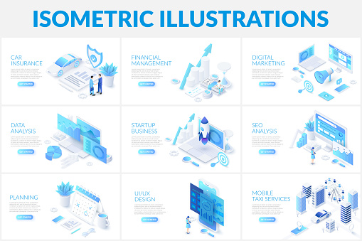 Isometric 3d illustrations set. Car insurance, planning, data analysis and startup business with characters.