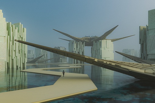 Futuristic city floating on water. This is entirely 3D generated image.