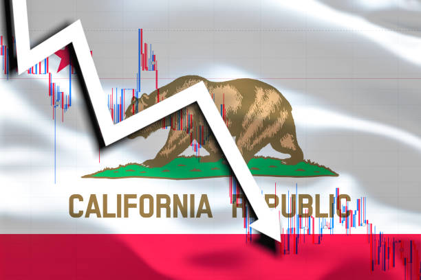 istock California US State background with waving flag white arrow and stocks chart fall down. 1192928719