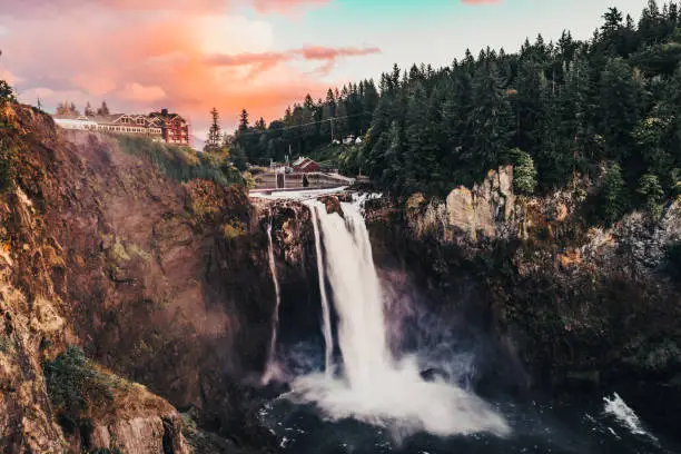 Snoqualmie Falls in the Pacific Northwest, United States, located east of Seattle on the Snoqualmie River between Snoqualmie and Fall City, Washington.
