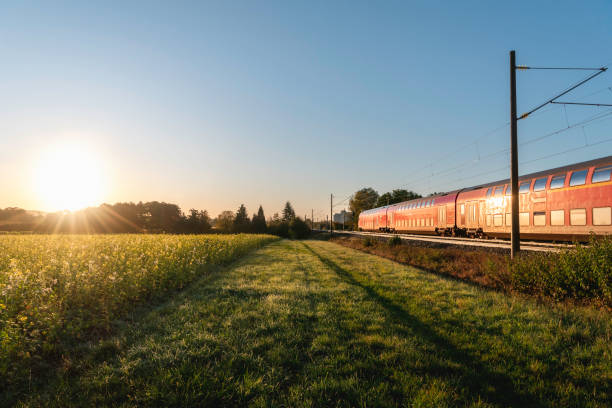 istock Passenger train and rapeseed field. Spring landscape at sunrise 1192930438