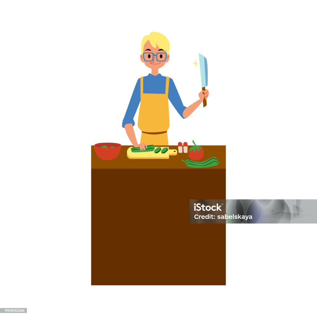 Pria Memasak Makanan Dan Membantu Dengan Rumah Tangga Ilustrasi Vektor
