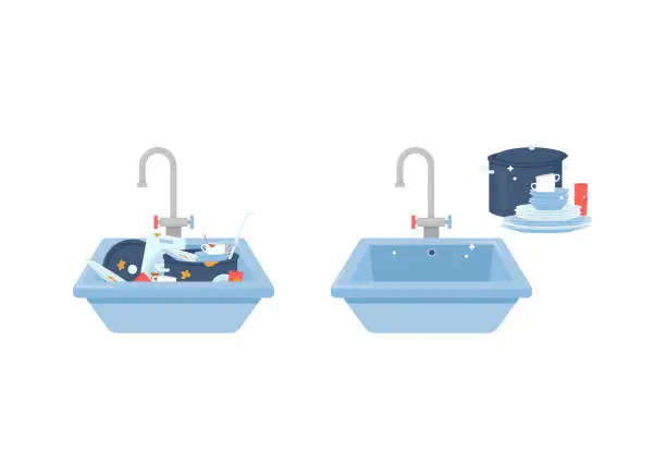 Vector illustration of Kitchen sink filled with dirty dishes before and after cleaning