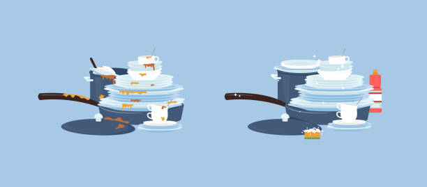Pile of dirty and clean dishes before and after washing - stack of pan, plate, cups and other kitchenware with dirt stains and sparkly clean after wash. Isolated flat vector illustration. Pile of dirty and clean dishes before and after washing - stack of pan, plate, cups and other kitchenware with dirt stains and sparkly clean after wash. Isolated flat vector illustration cutlery cartoons stock illustrations
