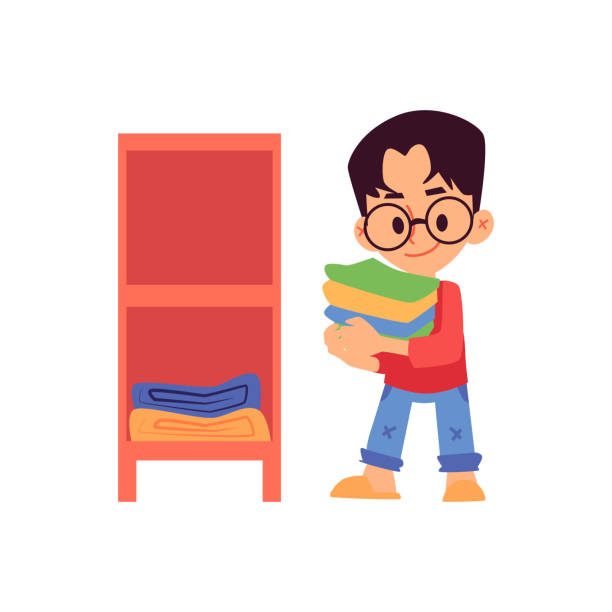 Cartoon Boy Putting Folded Clothes In Shelf Isolated Flat Vector  Illustration Stock Illustration - Download Image Now - iStock