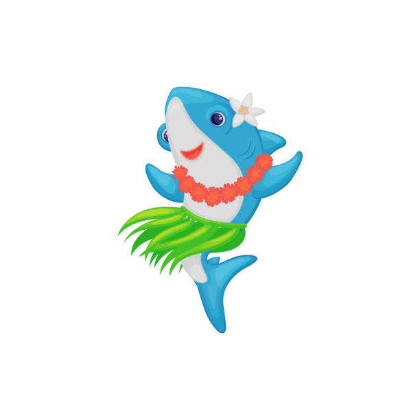 istock Blue shark dancing in hawaiian girls costume a flat vector illustration isolated. 1192935549