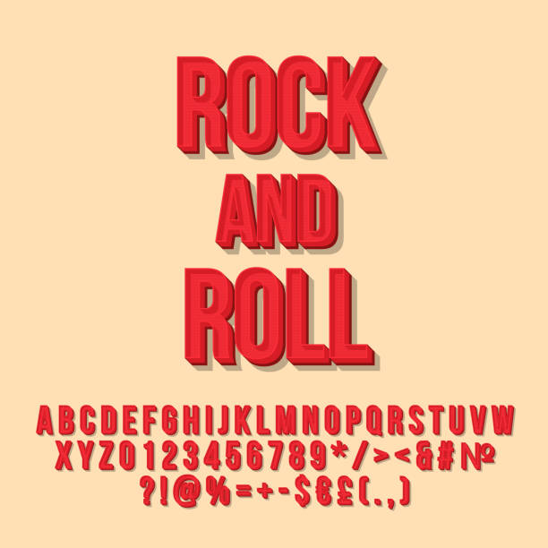 rock and roll czerwony vintage 3d wektorowy napis - red text stock illustrations