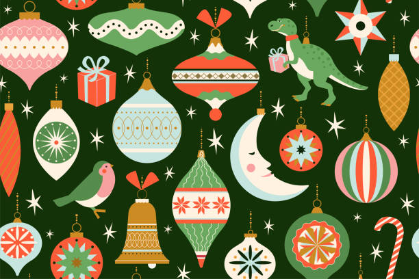 ilustrações de stock, clip art, desenhos animados e ícones de merry christmas and new year card with various of christmas toys and present in in retro mid century modern style. winter holidays seamless pattern in vector. - xmas toys snowflake