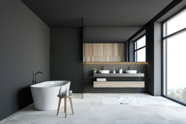 istock Dark grey bathroom interior with sink and tub 1192936871